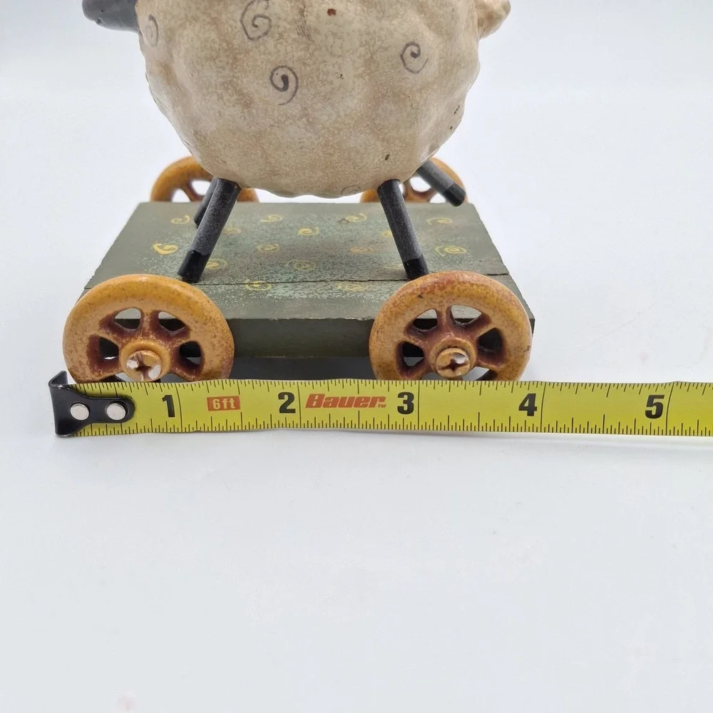 Primitive Folk Art Sheep Pull Toy Figurine Vintage Style Lamb on Wheels Decor